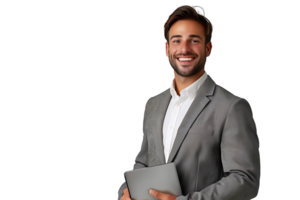 Young man standing holding laptop and looking at camera on isolated transparent background png