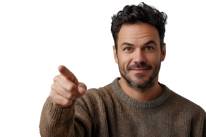 Portrait of man pointing at camera on isolated transparent background png