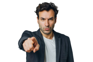 Portrait of man pointing at camera on isolated transparent background png