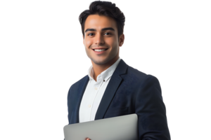 Young man standing holding laptop and looking at camera on isolated transparent background png