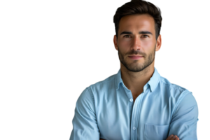 retrato de joven hermoso hombre en azul camisa en aislado transparente antecedentes png