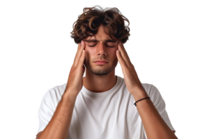 Man suffering from headache, pressing fingers to temples with closed eyes on isolated transparent background png