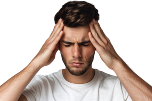 Man suffering from headache, pressing fingers to temples with closed eyes on isolated transparent background png