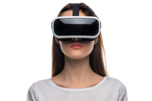 jovem menina explorando grande oportunidades do virtual realidade com vr fone de ouvido em isolado transparente fundo png