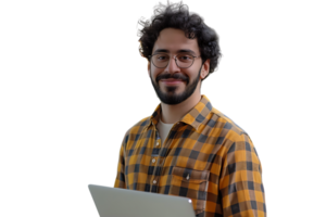 Young man standing holding laptop and looking at camera on isolated transparent background png