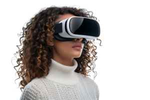 jong meisje verkennen enorm mogelijkheden van virtueel realiteit met vr koptelefoon Aan geïsoleerd transparant achtergrond png