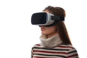 jovem menina explorando grande oportunidades do virtual realidade com vr fone de ouvido em isolado transparente fundo png