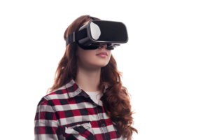 giovane ragazza esplorando vasto opportunità di virtuale la realtà con vr cuffia su isolato trasparente sfondo png