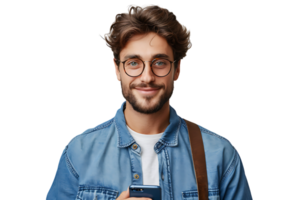 Young man standing holding smartphone and looking at camera on isolated transparent background png