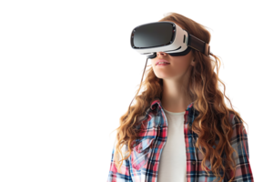 giovane ragazza esplorando vasto opportunità di virtuale la realtà con vr cuffia su isolato trasparente sfondo png