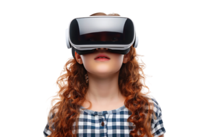 Young girl exploring vast opportunities of virtual reality with VR headset on isolated transparent background png