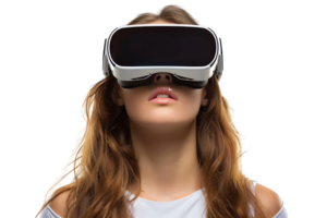 joven niña explorador vasto oportunidades de virtual realidad con vr auriculares en aislado transparente antecedentes png