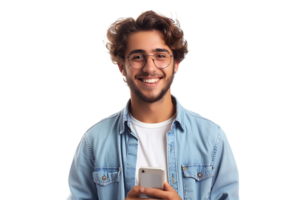 Young man standing holding smartphone and looking at camera on isolated transparent background png