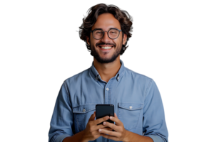 Young man standing holding smartphone and looking at camera on isolated transparent background png