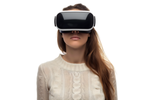 Jeune fille explorant vaste Opportunités de virtuel réalité avec vr casque sur isolé transparent Contexte png