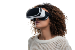 Jeune fille explorant vaste Opportunités de virtuel réalité avec vr casque sur isolé transparent Contexte png