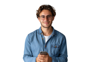 Jeune homme permanent en portant téléphone intelligent et à la recherche à caméra sur isolé transparent Contexte png