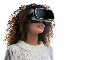 Jeune fille explorant vaste Opportunités de virtuel réalité avec vr casque sur isolé transparent Contexte png