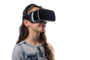 jovem menina explorando grande oportunidades do virtual realidade com vr fone de ouvido em isolado transparente fundo png