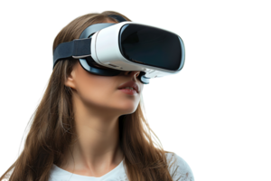 Young girl exploring vast opportunities of virtual reality with VR headset on isolated transparent background png