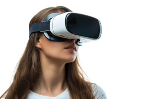 giovane ragazza esplorando vasto opportunità di virtuale la realtà con vr cuffia su isolato trasparente sfondo png