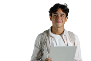 Young man standing holding laptop and looking at camera on isolated transparent background png