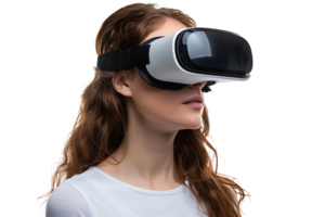 ung flicka utforska omfattande möjligheter av virtuell verklighet med vr headsetet på isolerat transparent bakgrund png