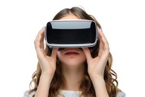 jovem menina explorando grande oportunidades do virtual realidade com vr fone de ouvido em isolado transparente fundo png