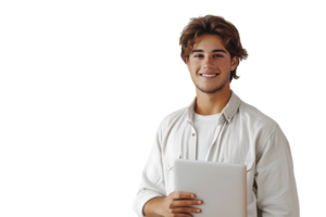 Young man standing holding laptop and looking at camera on isolated transparent background png