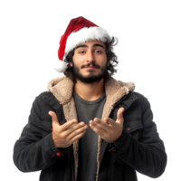 Young man wearing a christmas hat while gesturing on isolated transparent background png