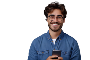 Young man standing holding smartphone and looking at camera on isolated transparent background png