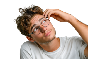 Young doubtful man thinking, scratching head and trying to find solution on isolated transparent background png