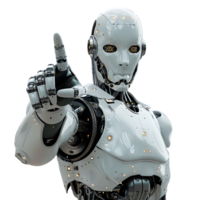 Ai android robot pointing hand at front on isolated transparent background png