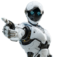 Ai android robot pointing hand at front on isolated transparent background png