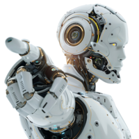 Ai android robot pointing hand at front on isolated transparent background png