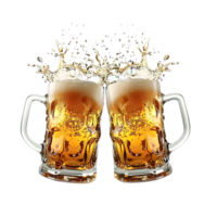 Two beer mugs splash toast cheers on isolated transparent background png