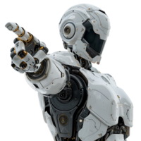 Ai android robot pointing hand at front on isolated transparent background png