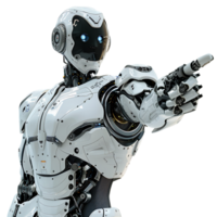 Ai android robot pointing hand at front on isolated transparent background png