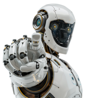 Ai android robot pointing hand at front on isolated transparent background png