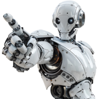 Ai android robot pointing hand at front on isolated transparent background png