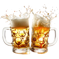 Due birra tazze spruzzo crostini Saluti su isolato trasparente sfondo png