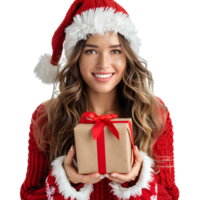 Woman wearing christmas costume holding gift on isolated transparent background png