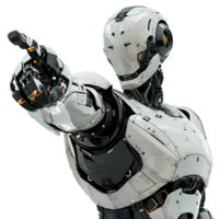 Ai android robot pointing hand at front on isolated transparent background png