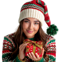 Woman wearing christmas costume holding gift on isolated transparent background png