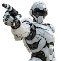 Ai android robot pointing hand at front on isolated transparent background png