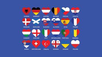 europeo naciones fútbol americano 2024 banderas corazón resumen diseño símbolo europeo fútbol americano equipos países ilustración vector