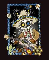 Colorful illustration of skull in Mexican folk style playing guitar. vector