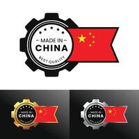 hecho en China con engranaje y bandera diseño. para bandera, estampilla, pegatina, icono, logo, símbolo, etiqueta, insignia, sello, signo. ilustración vector