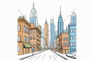 A city street with tall buildings and a car on the road vector