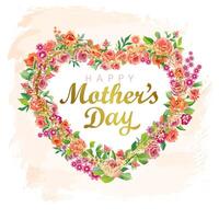 Happy Mother's Day floral greetings. Creative branch of roses, heart wreath decoration with 3D flowers and leaves. Glittering golden elements and brushing strokes. Watercolor backdrop. Greeting card. vector